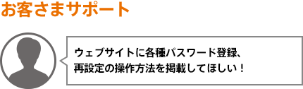 ウェブサイトに各種パスワード登録、再設定の操作方法を掲載してほしい！